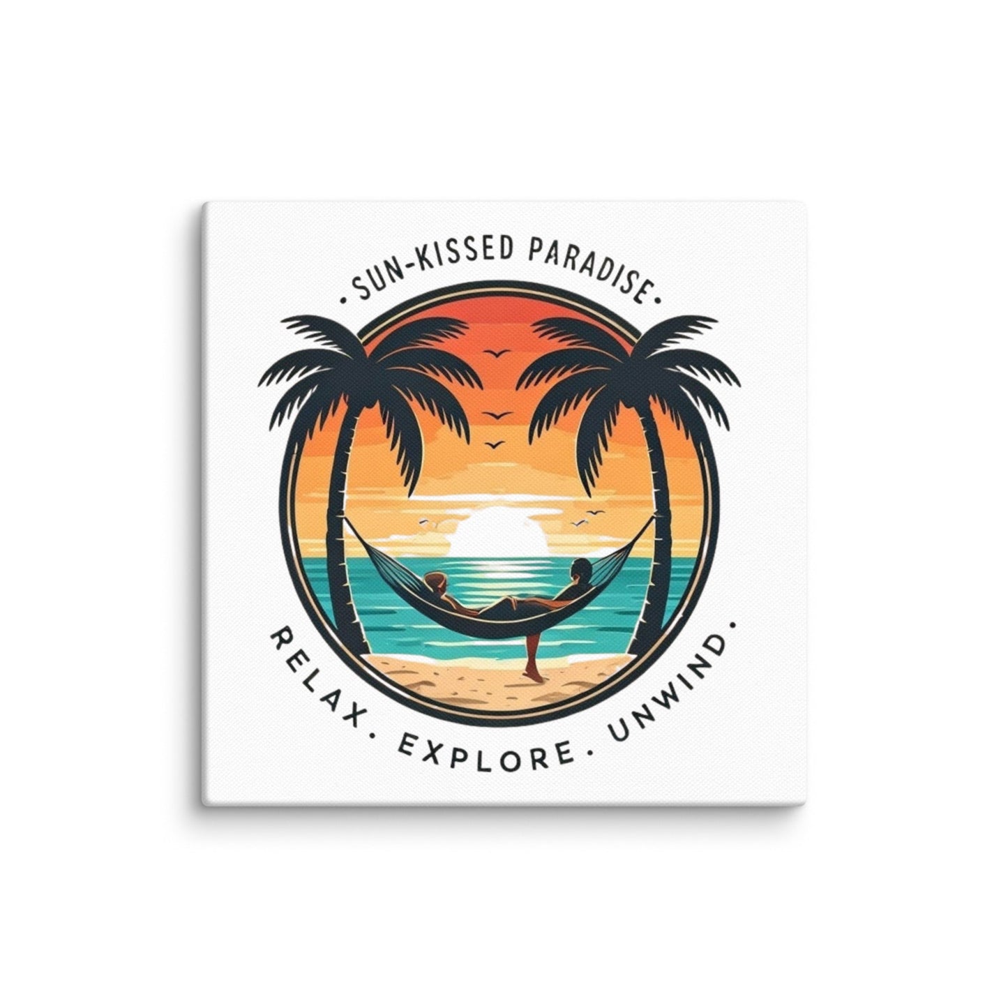 Sun-Kissed Paradise Art Print | Tropical Hammock Sunset Scene with Palm Trees – Coastal Relaxation Wall Art on Canvas