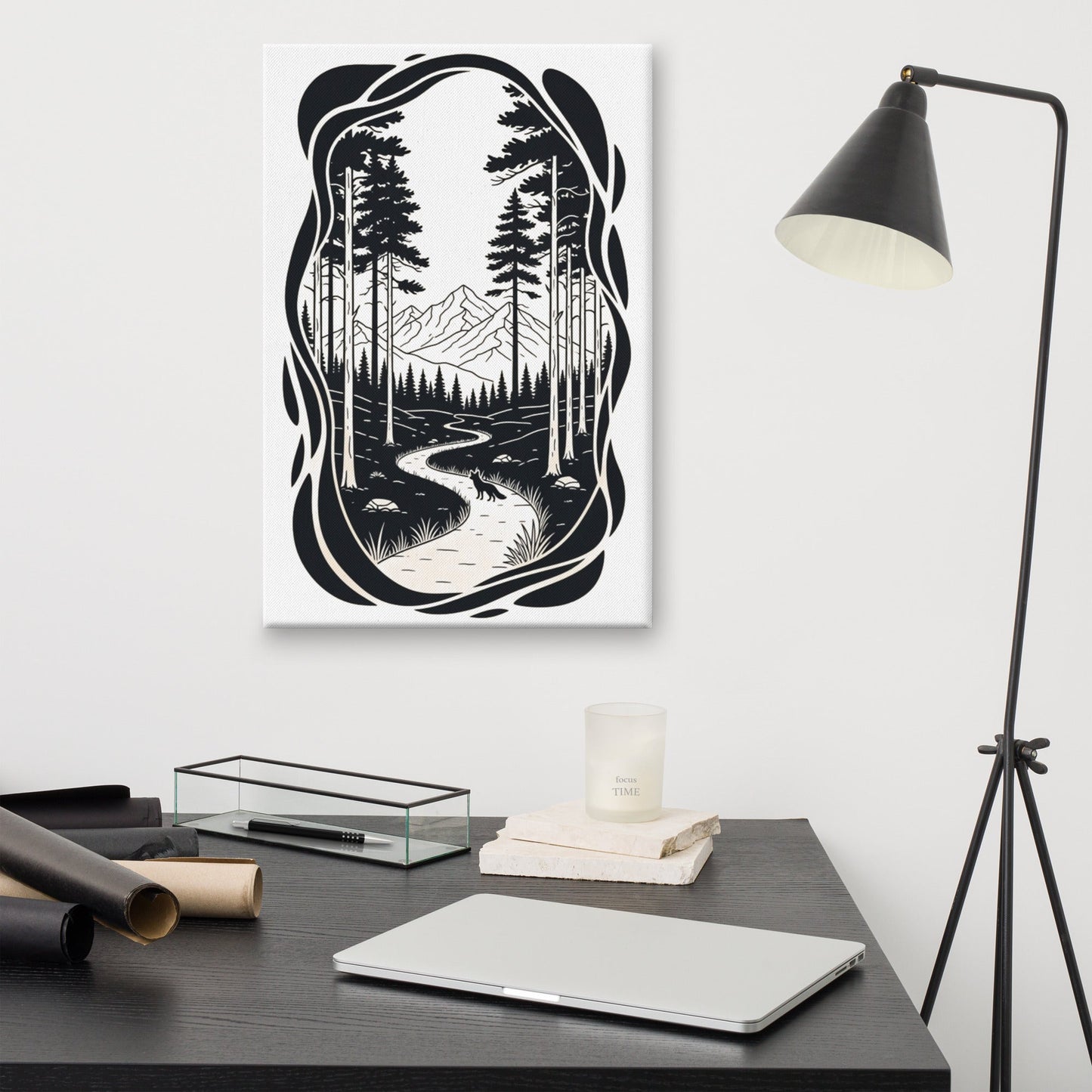 The Trail Ahead Art Print | Monochrome Forest Trail with Pine Trees and Mountain View – Minimalist Black & White Vertical Canvas Wall Art