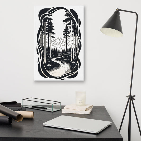 The Trail Ahead Art Print | Monochrome Forest Trail with Pine Trees and Mountain View – Minimalist Black & White Vertical Canvas Wall Art
