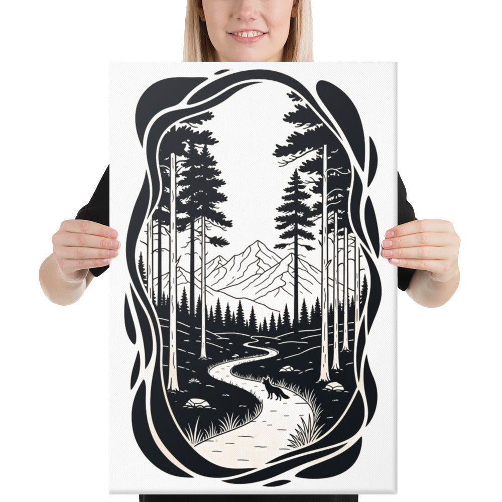 The Trail Ahead Art Print | Monochrome Forest Trail with Pine Trees and Mountain View – Minimalist Black & White Vertical Canvas Wall Art