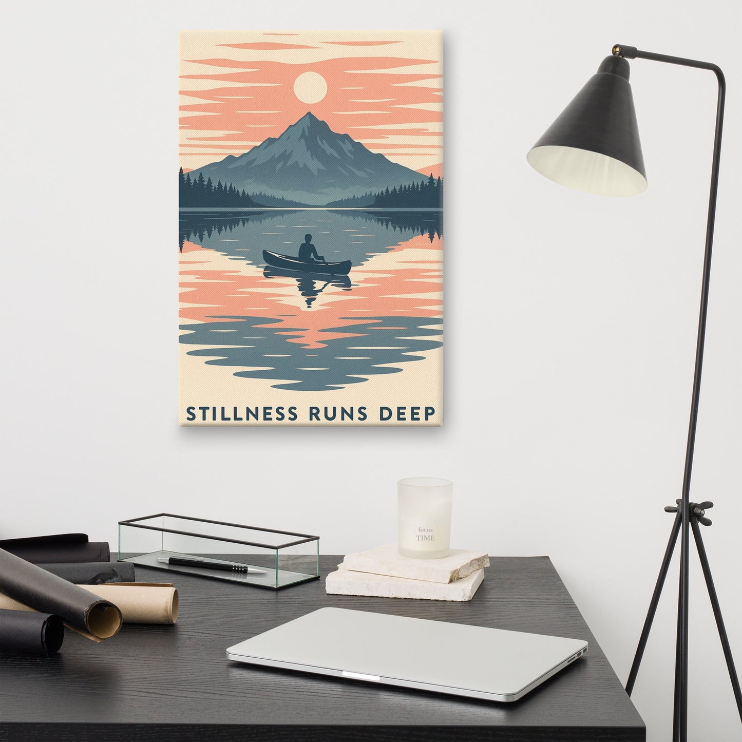 Stillness Runs Deep Art Print | Canoe on Reflective Lake with Mountain Sunset – Peaceful Wilderness Wall Art