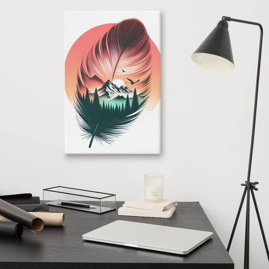 Feathered Wild Art Print | Mountain Landscape Inside Feather Silhouette – Surreal Nature-Inspired Wall Art with Sunset Sky