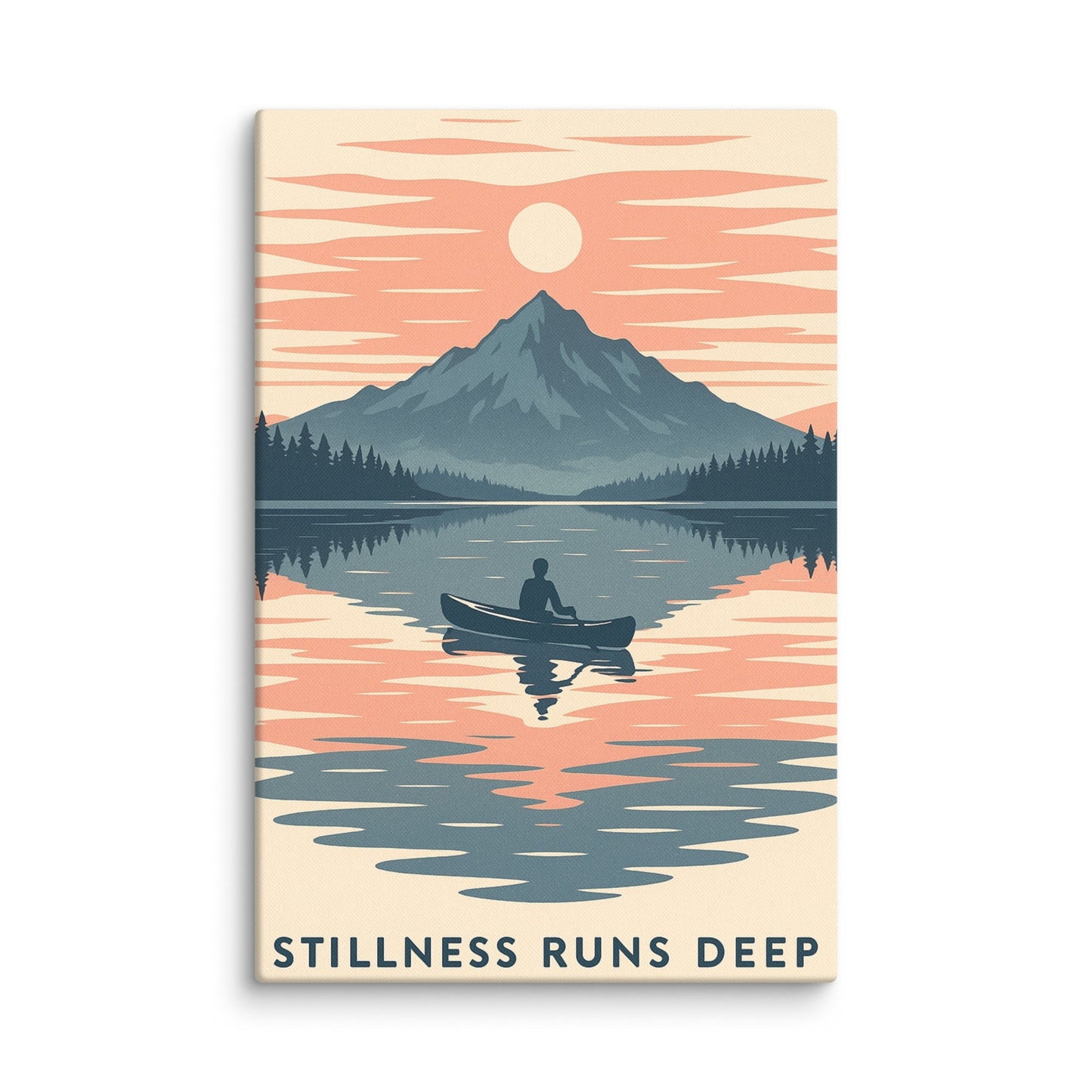 Stillness Runs Deep Art Print | Canoe on Reflective Lake with Mountain Sunset – Peaceful Wilderness Wall Art