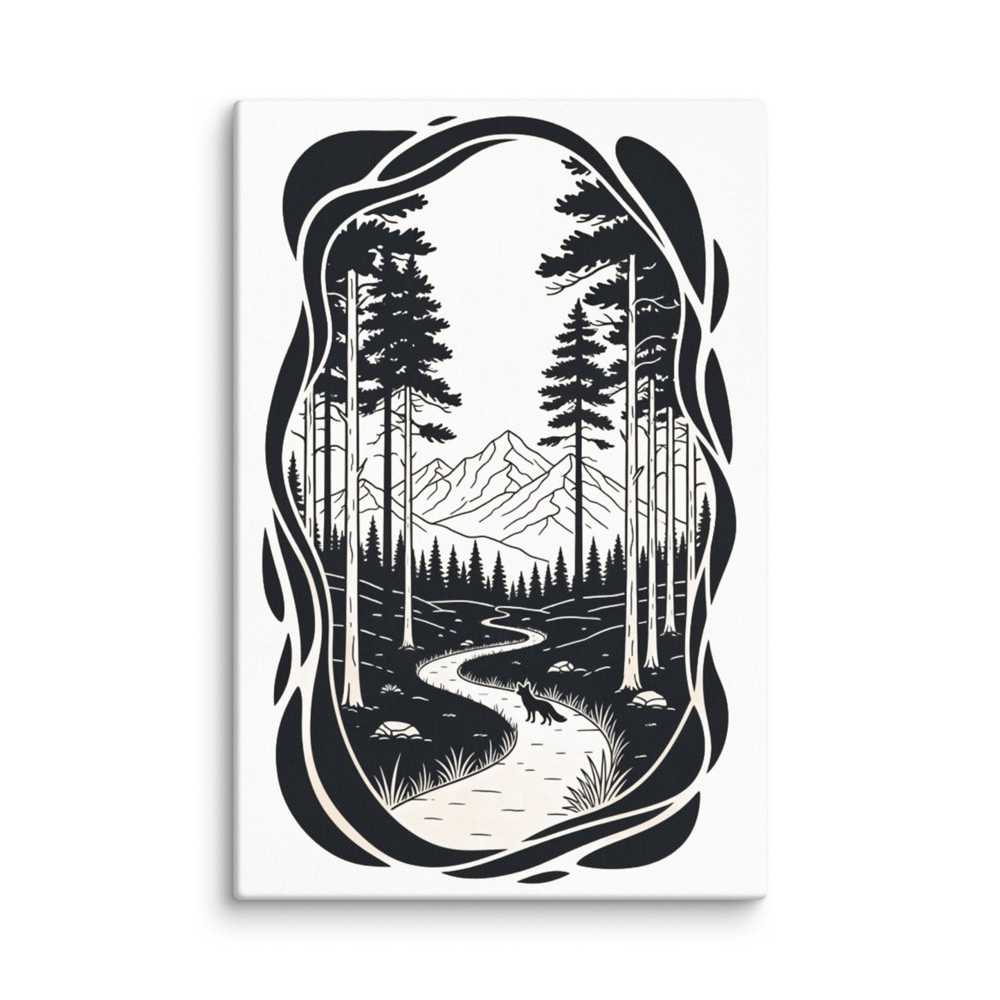 The Trail Ahead Art Print | Monochrome Forest Trail with Pine Trees and Mountain View – Minimalist Black & White Vertical Canvas Wall Art