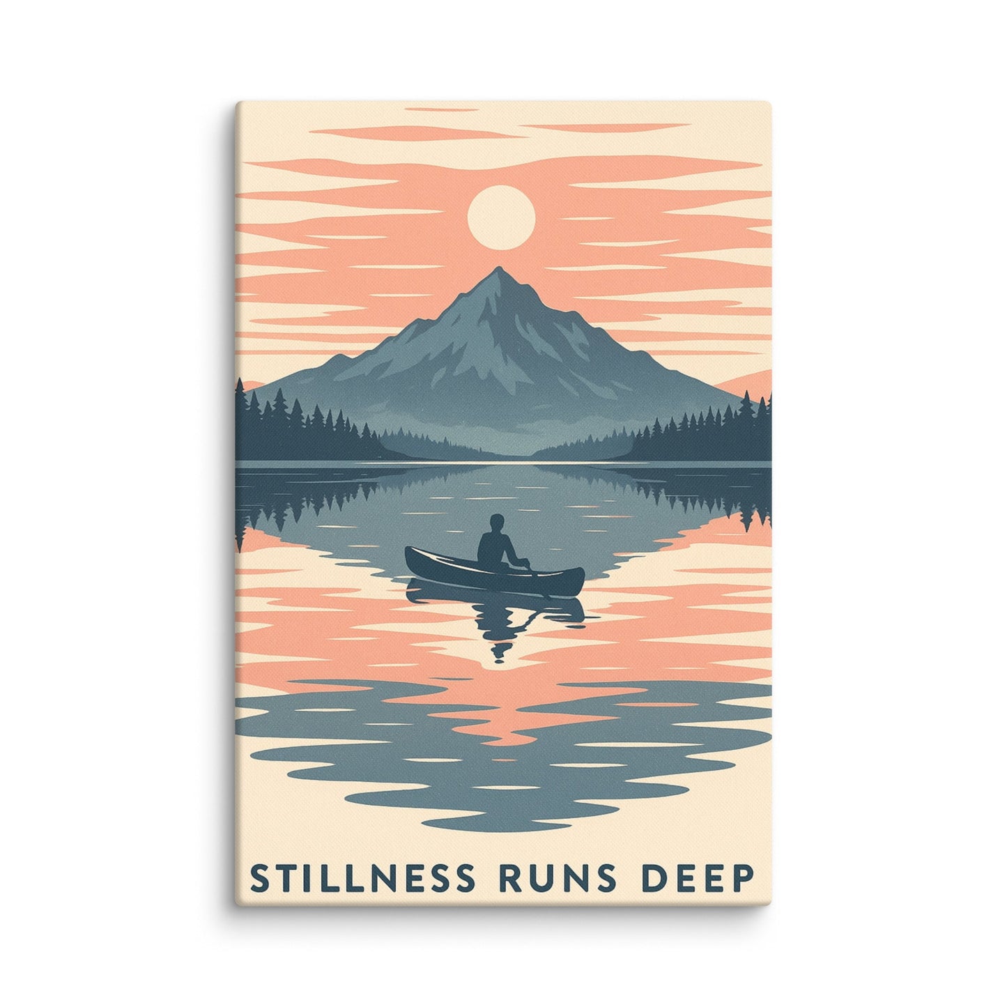 Stillness Runs Deep Art Print | Canoe on Reflective Lake with Mountain Sunset – Peaceful Wilderness Wall Art