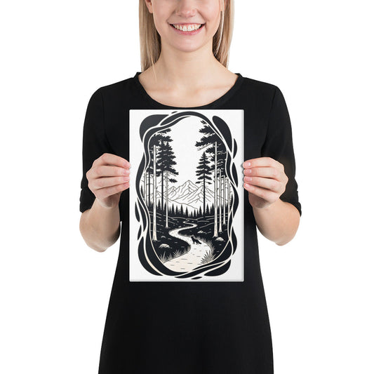 The Trail Ahead Art Print | Monochrome Forest Trail with Pine Trees and Mountain View – Minimalist Black & White Vertical Canvas Wall Art