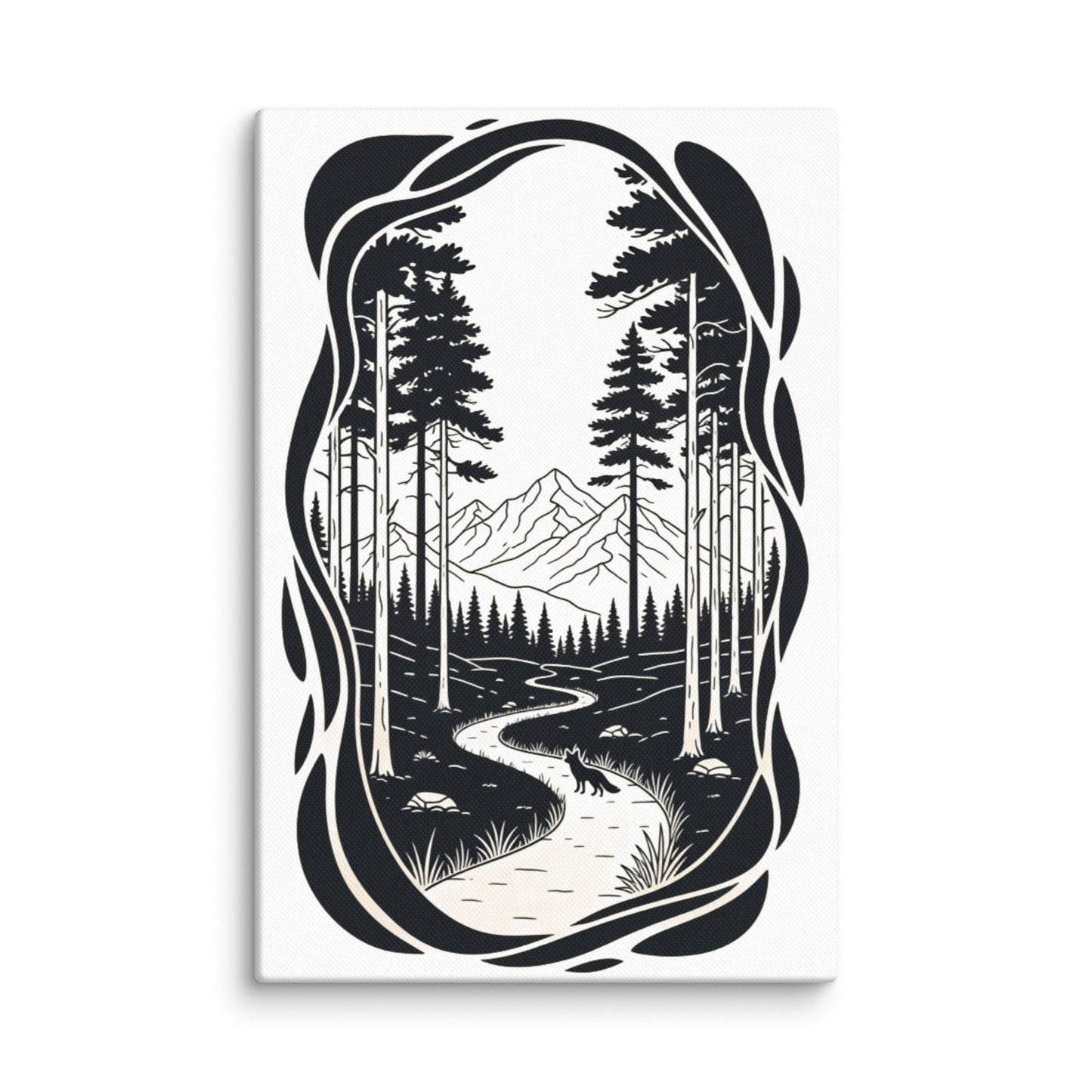 The Trail Ahead Art Print | Monochrome Forest Trail with Pine Trees and Mountain View – Minimalist Black & White Vertical Canvas Wall Art