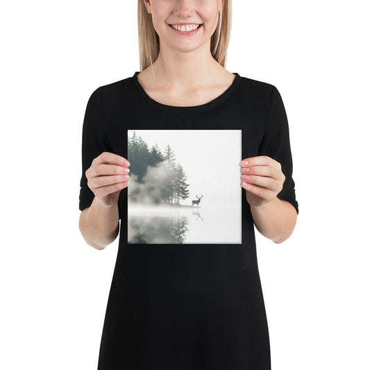 Echo of the Wild Art Print | Minimalist Foggy Forest with Lone Stag Reflection – Monochrome Nature Photography Wall Art on Canvas