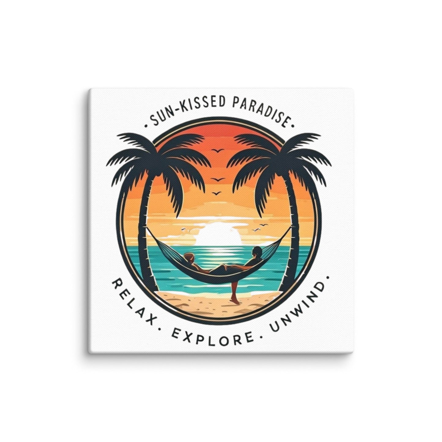 Sun-Kissed Paradise Art Print | Tropical Hammock Sunset Scene with Palm Trees – Coastal Relaxation Wall Art on Canvas