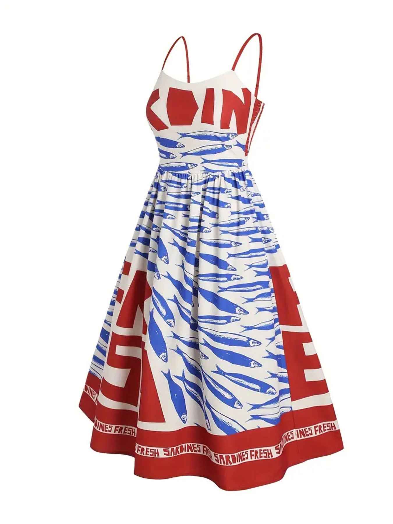 Sardine Print Spaghetti Strap Midi Dress