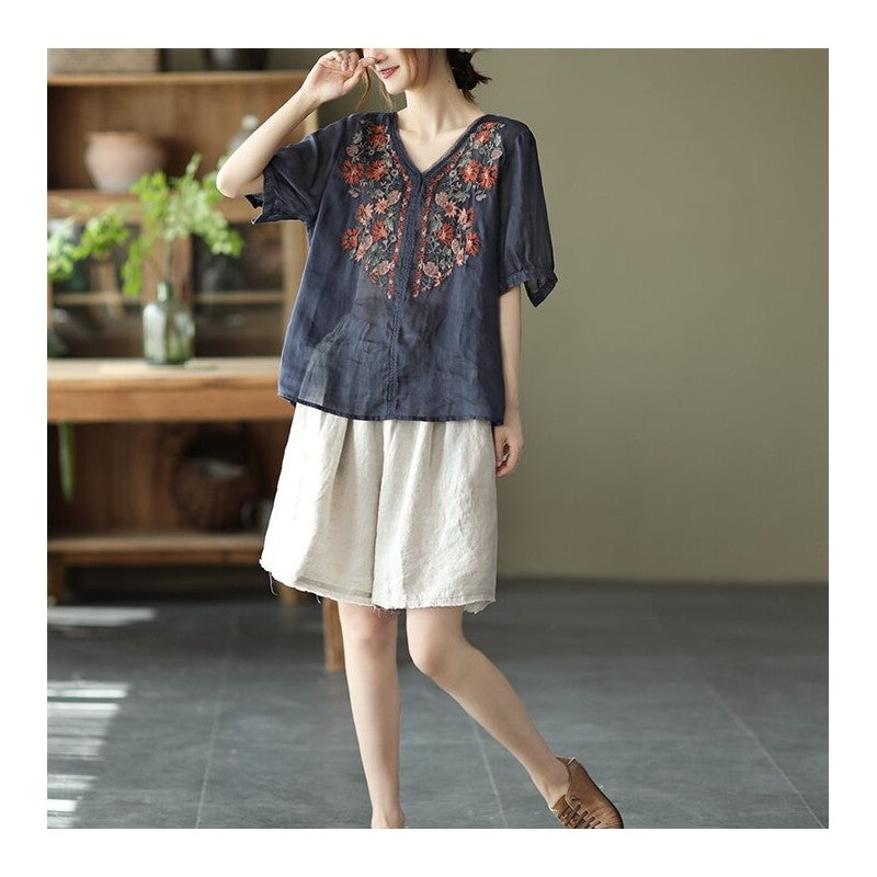 Loose-Fit Short-Sleeve Vintage Art Embroidery Pullover