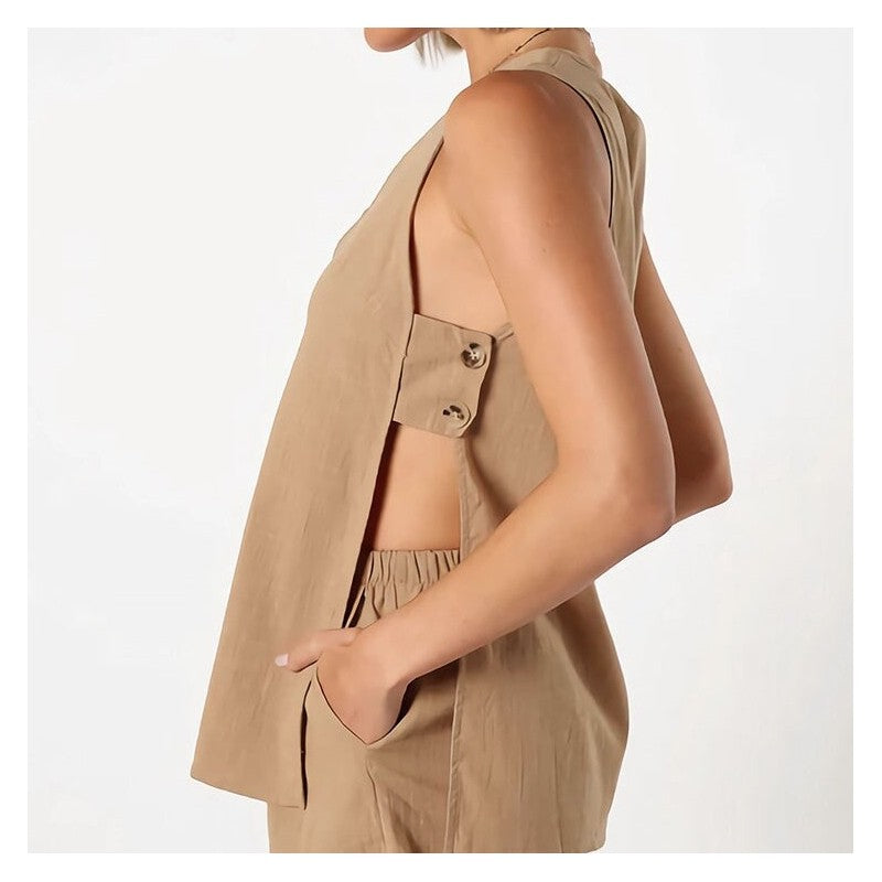 Sleeveless Cotton-Linen Two-Piece Shorts Set