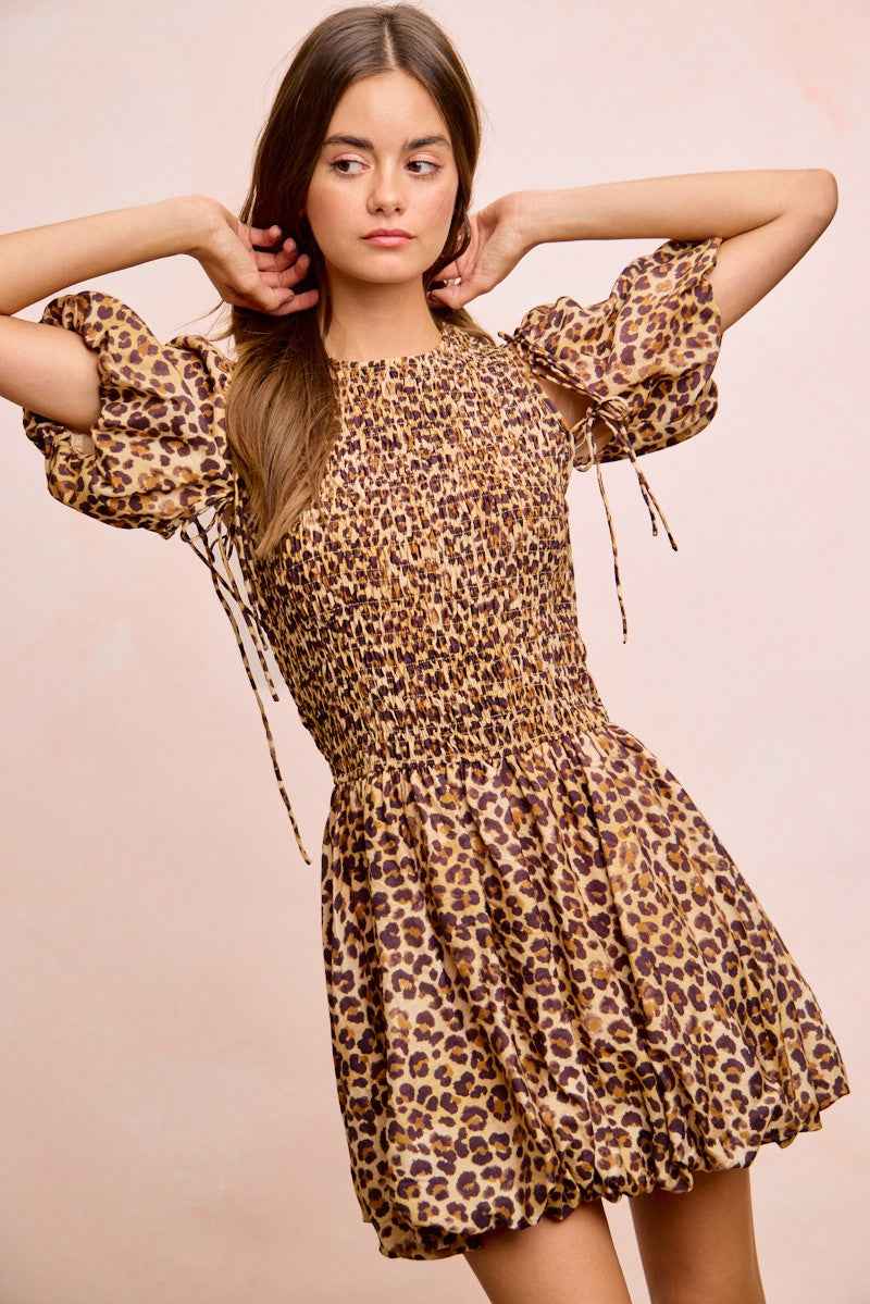 Leopard Bow Tie Puff Sleeve Dress with Detachable Sleeves by BiBi