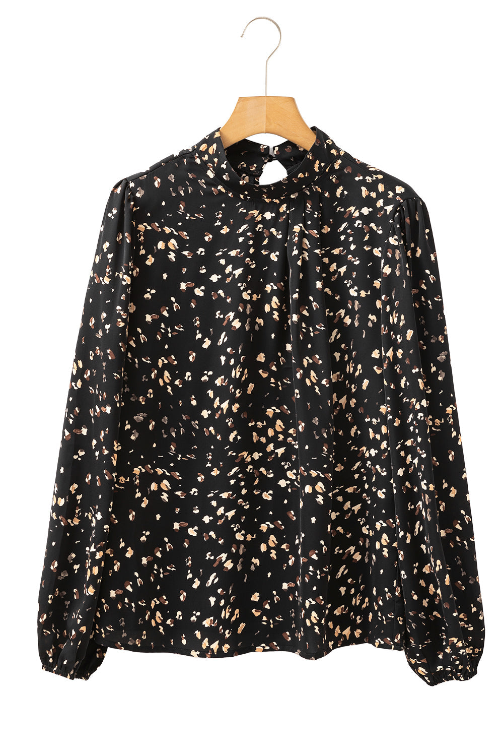 White Leopard Print Puff Sleeve Mock Neck Pleated Blouse