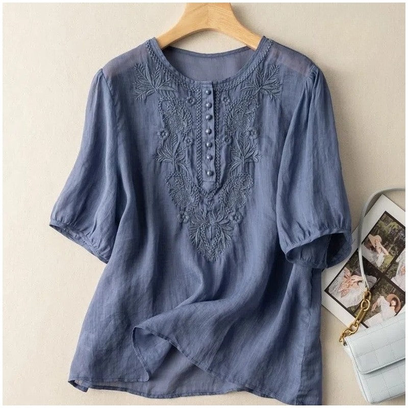 Embroidered Cotton Linen Loose Fit Round Neck Top