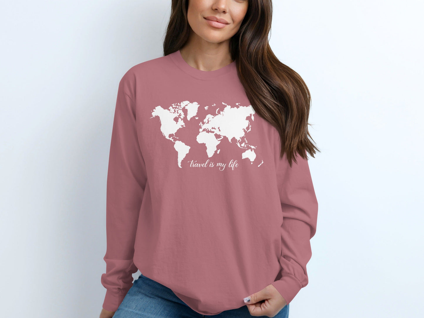 Travel Is My Life World Map Simple Modern Long Sleeve T-Shirt