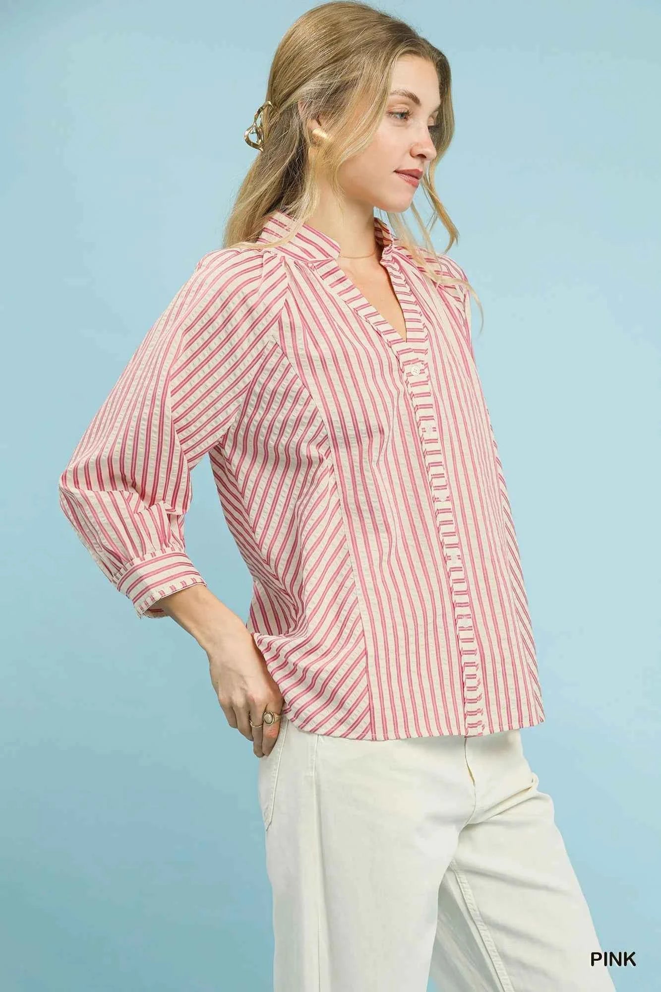 Umgee Striped V-Neck Button Down Top