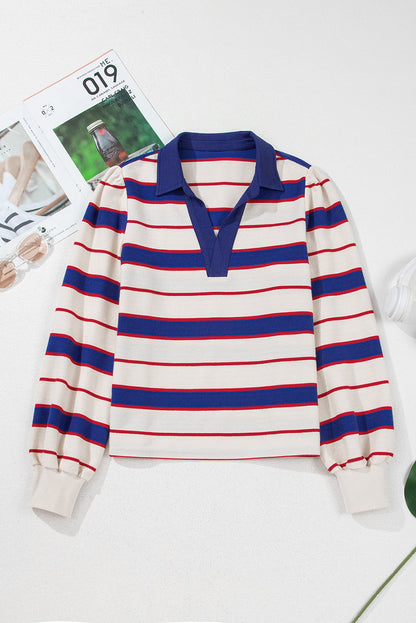 Stripe Polo Pullover Sweatshirt