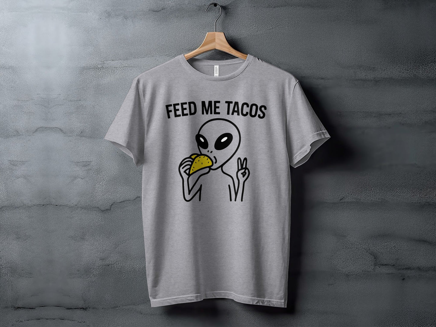 Feed Me Tacos Alien with Peace Sign Funny T-Shirt