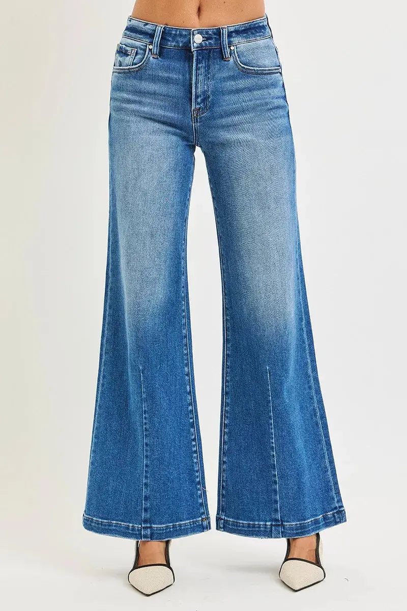 RISEN Jeans - Full Size Mid Rise Wide Leg Jeans with Flared Look