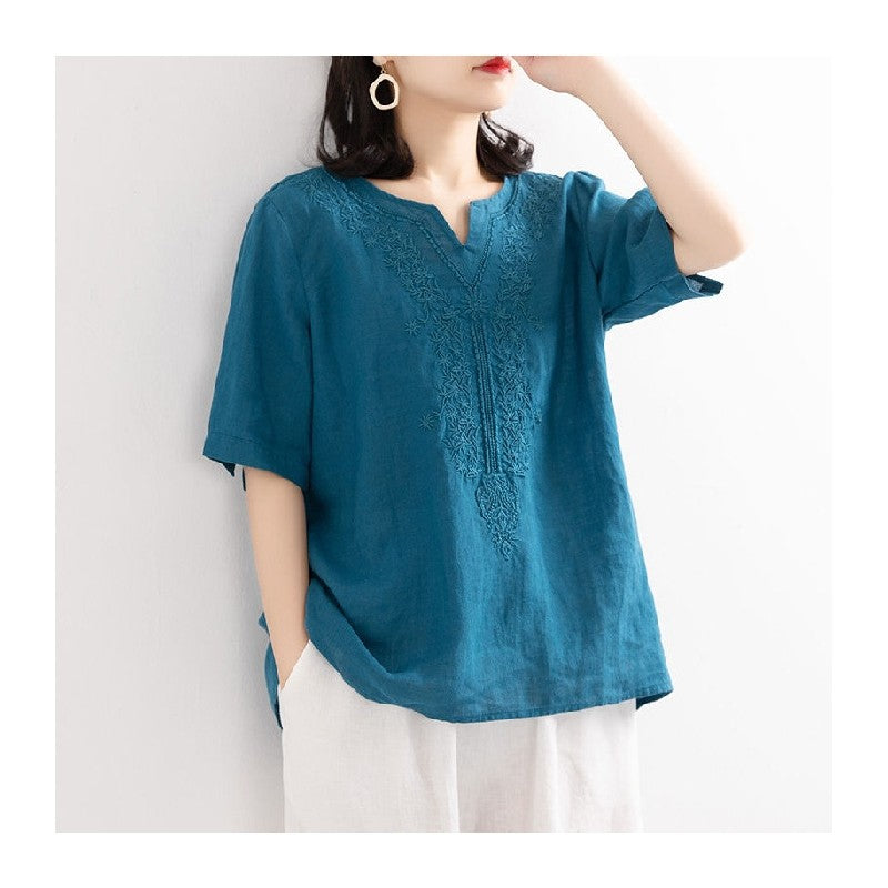 Embroidered Cotton Linen Blend Solid Color T-Shirt