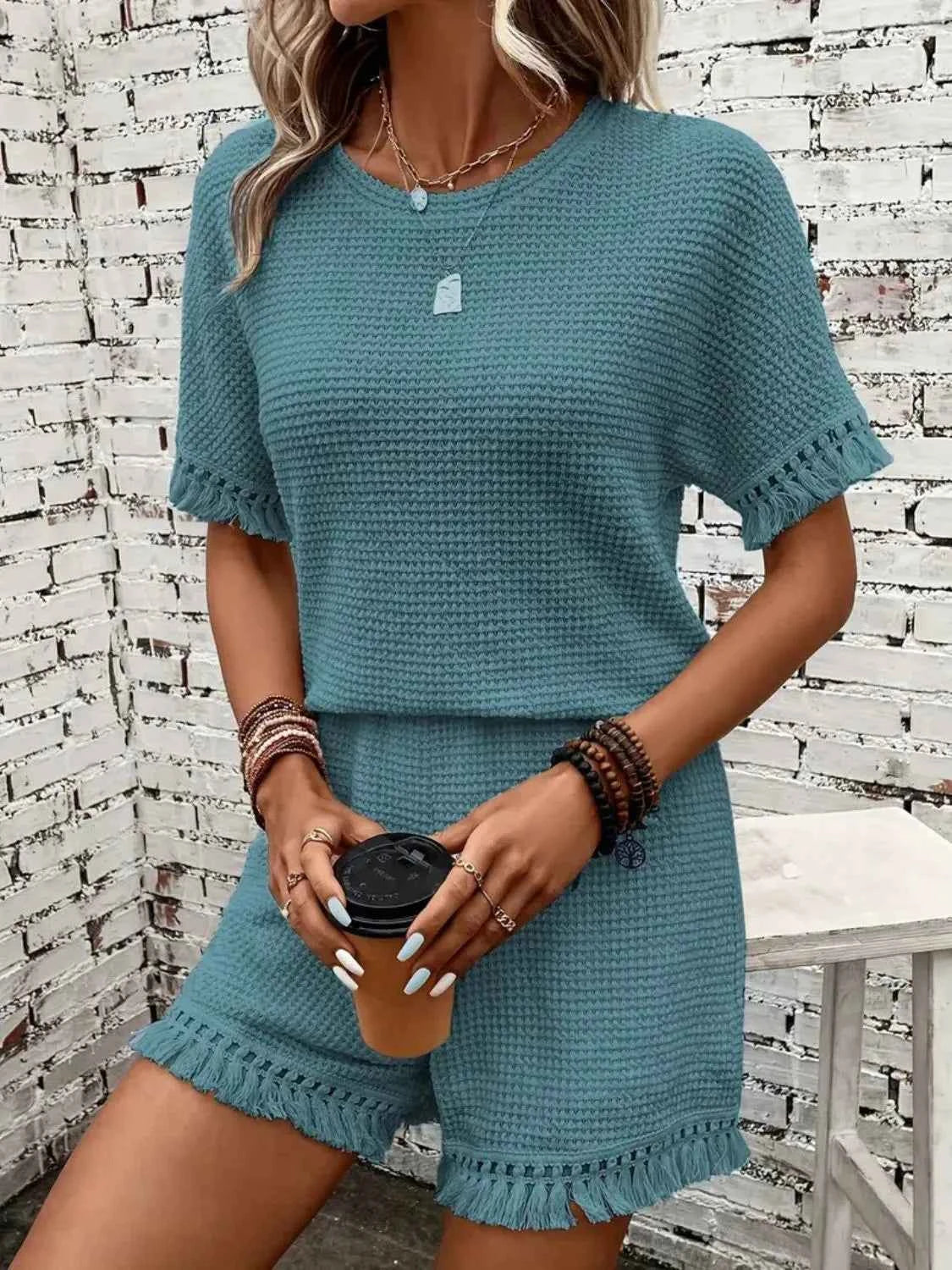 Tassel Round Neck Top and Shorts Set