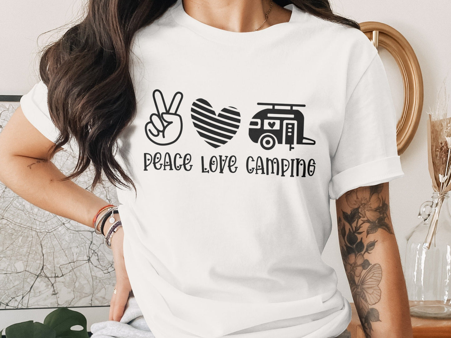 Peace Love Camping Symbol Design Graphic Novelty T-Shirt