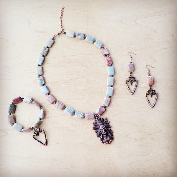 Copper Arrow Earrings w/ Genuine Aqua Terra Beads