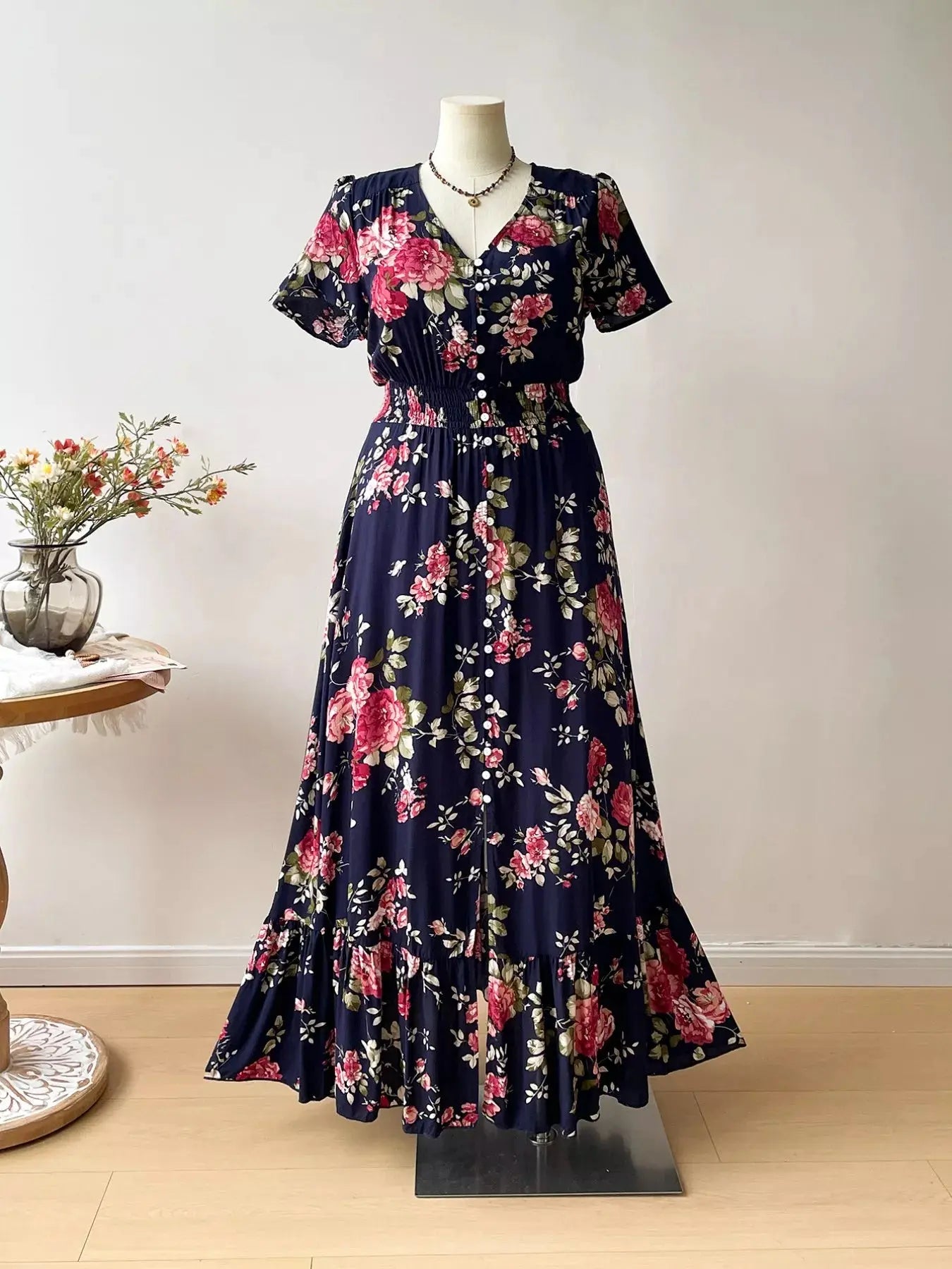 Plus Size Floral Print Short Sleeve V Neck Dress