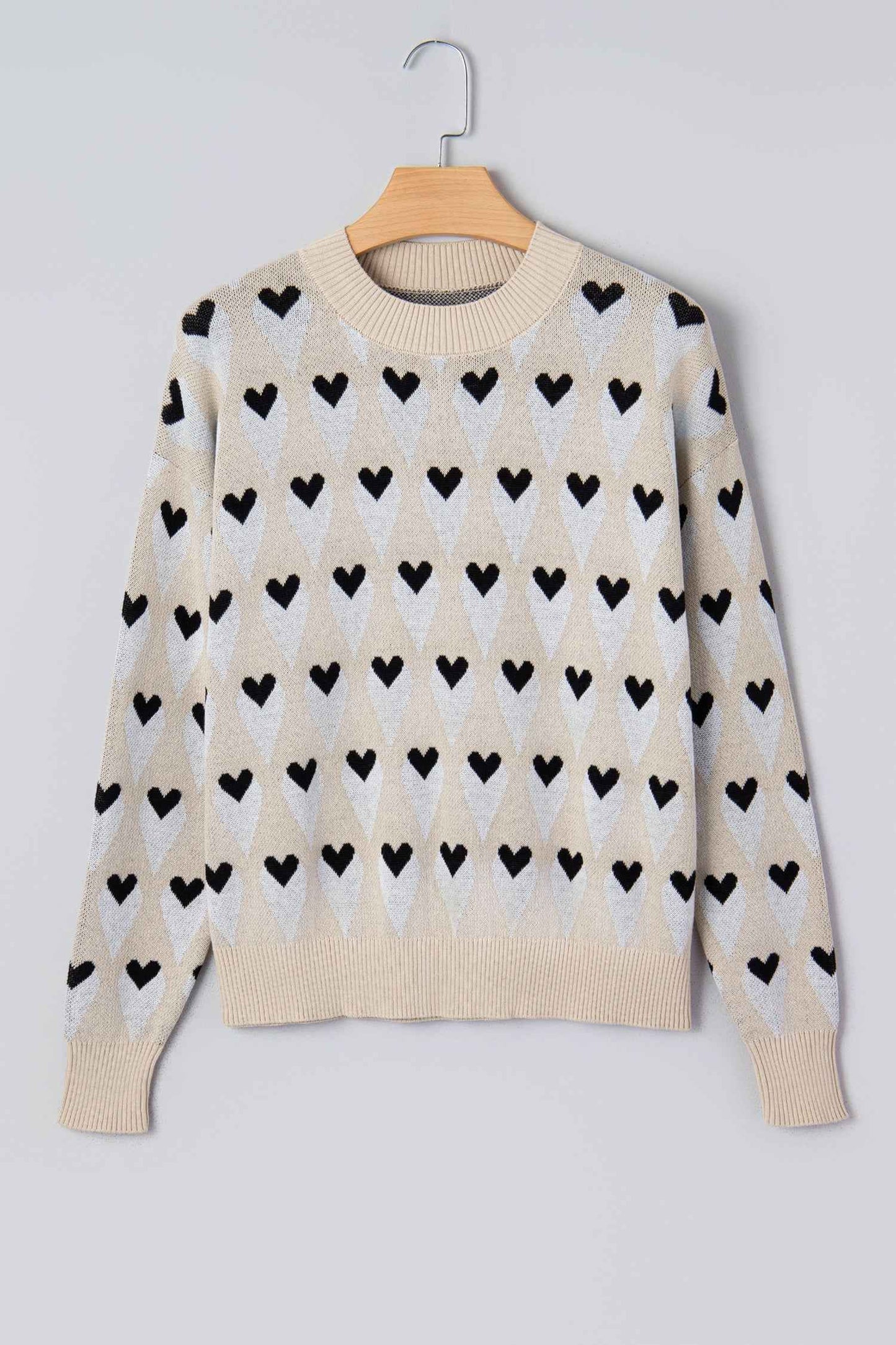 Brynlee Geometric Heart Print Ribbed Trim Loose Sweater