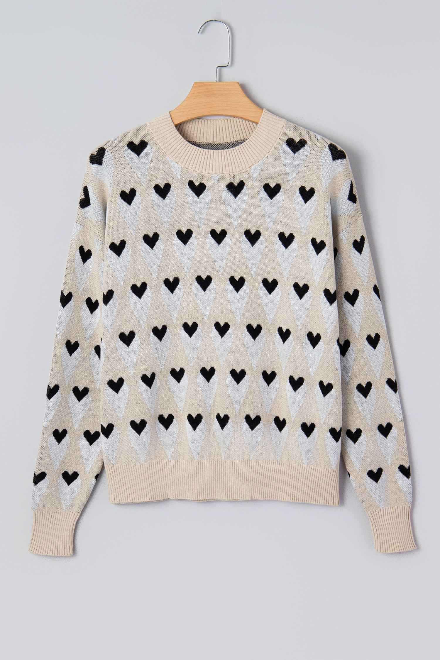 Brynlee Geometric Heart Print Ribbed Trim Loose Sweater