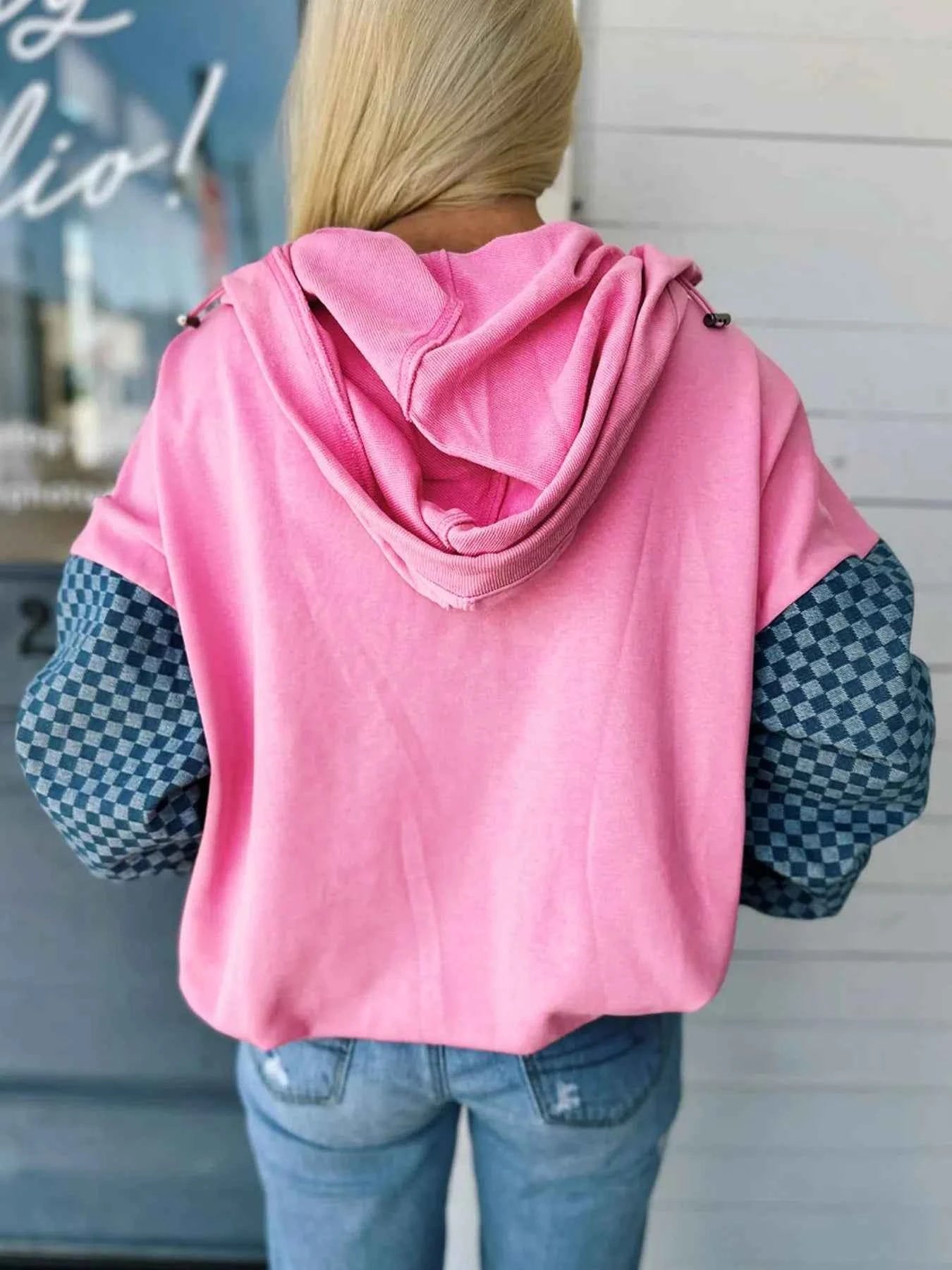 Half Zip Checkered Sleeve Hoodie