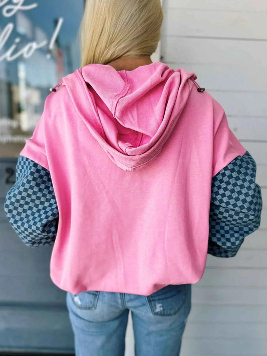 Half Zip Checkered Sleeve Hoodie