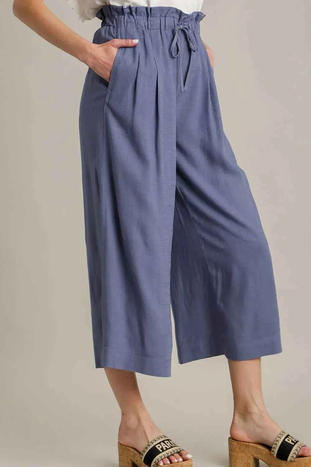 Umgee Full Size Linen Wide Fit Pants with Drawstring Plus Size
