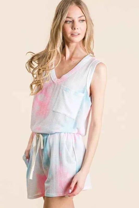 BiBi Tie Dye Textured Knit Top and Shorts Set