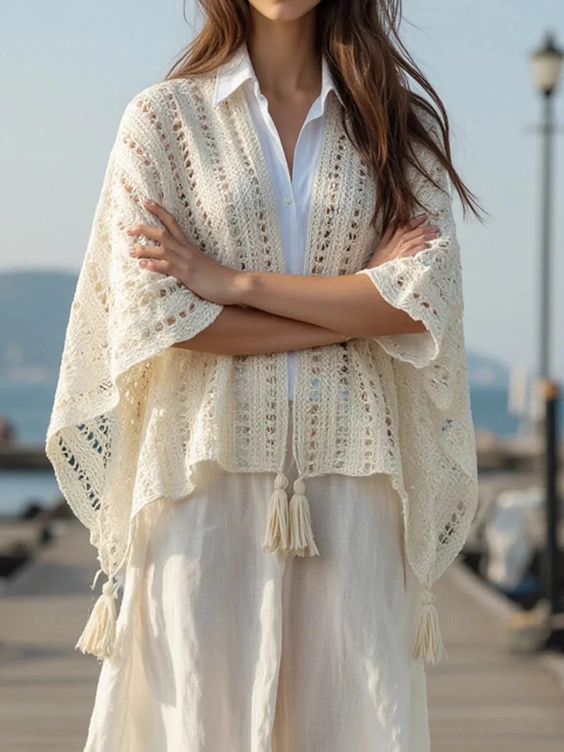 Openwork Tassel Open Front Knit Cover Up