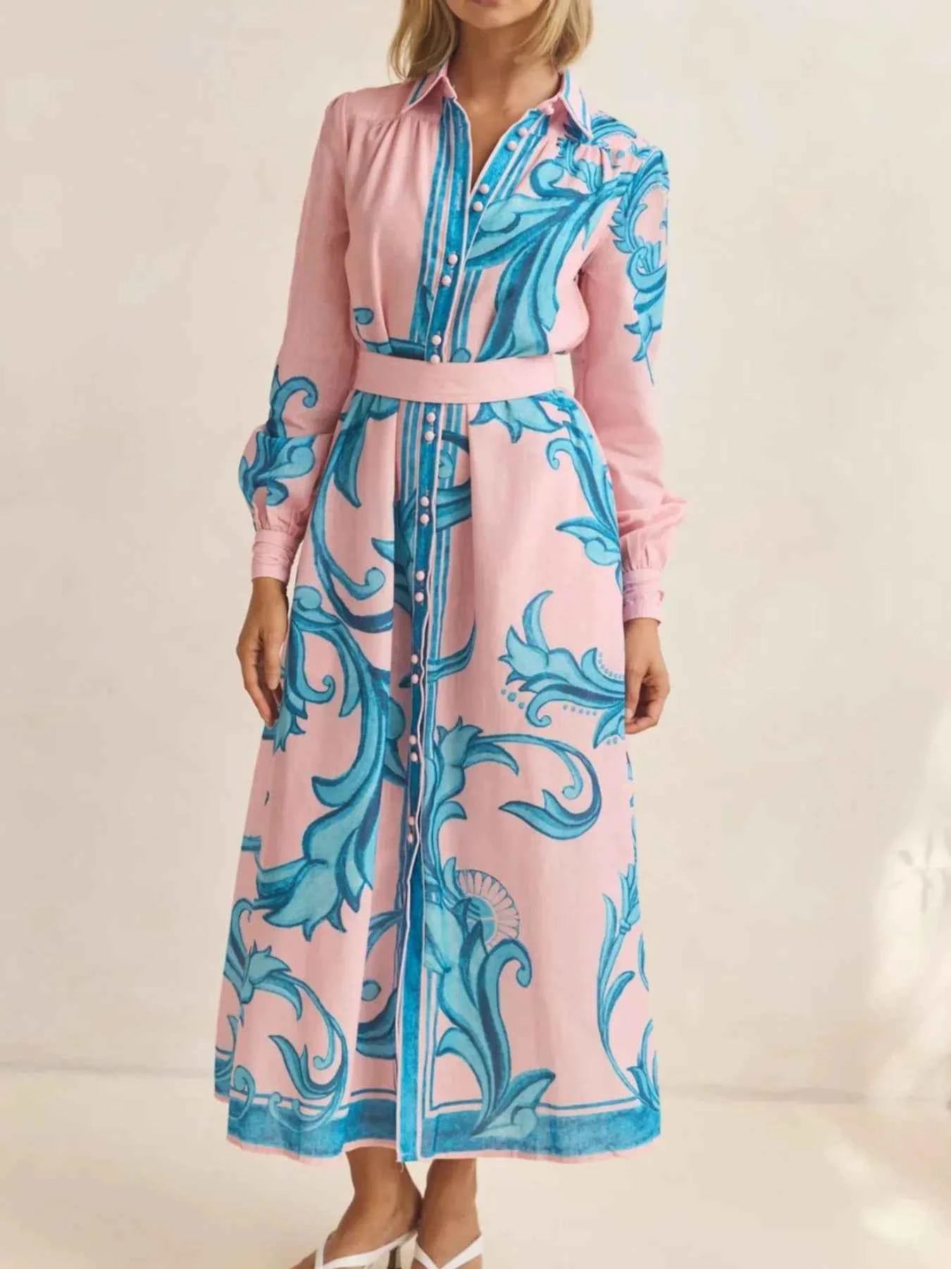 Printed Button Down Belted Shirt Dress