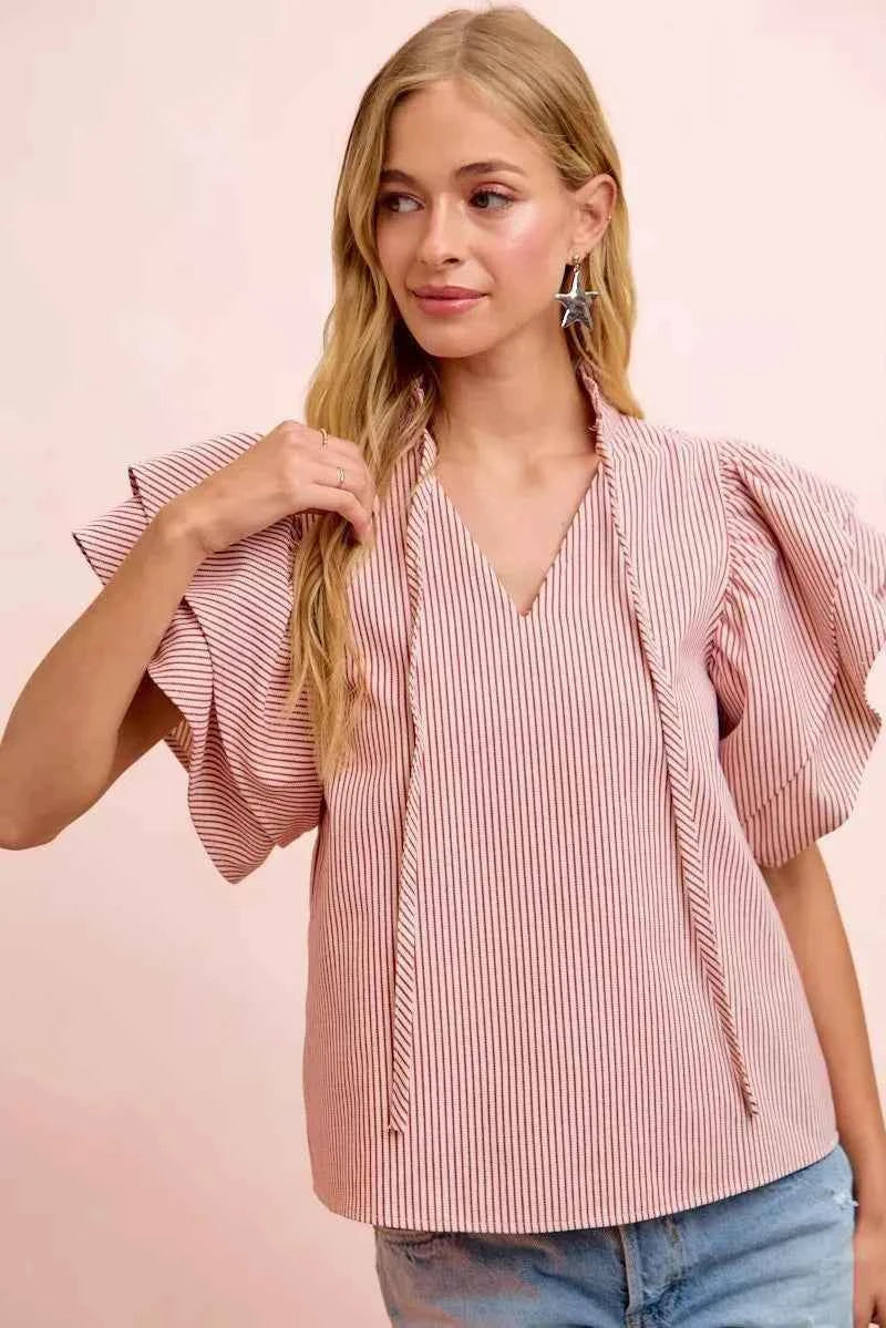 Red Twill Striped Ruffle Sleeve Blouse by BiBi