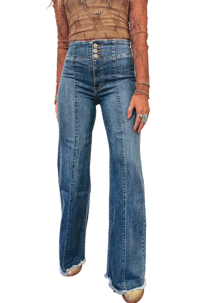 Sail Blue High Waist Jeans With Button Fly And Raw Hem