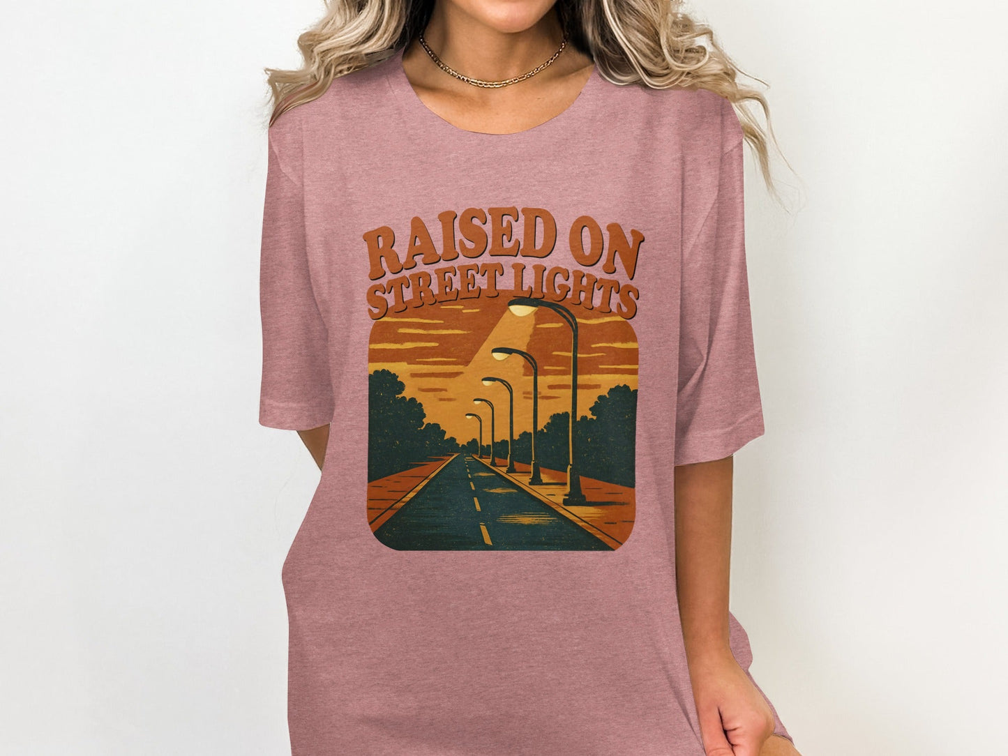Raised On Street Lights Road Scene Graphic Design T-Shirt
