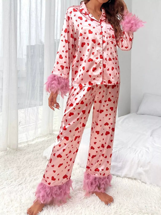 Button Up Top and Pants Heart Print Lounge Set