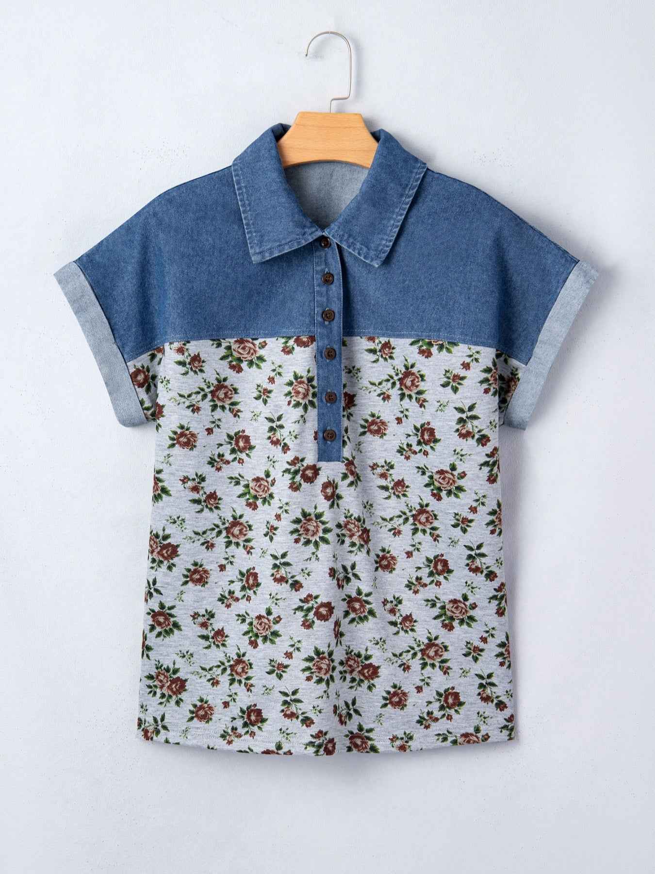 Floral Print Denim Patchwork Blouse