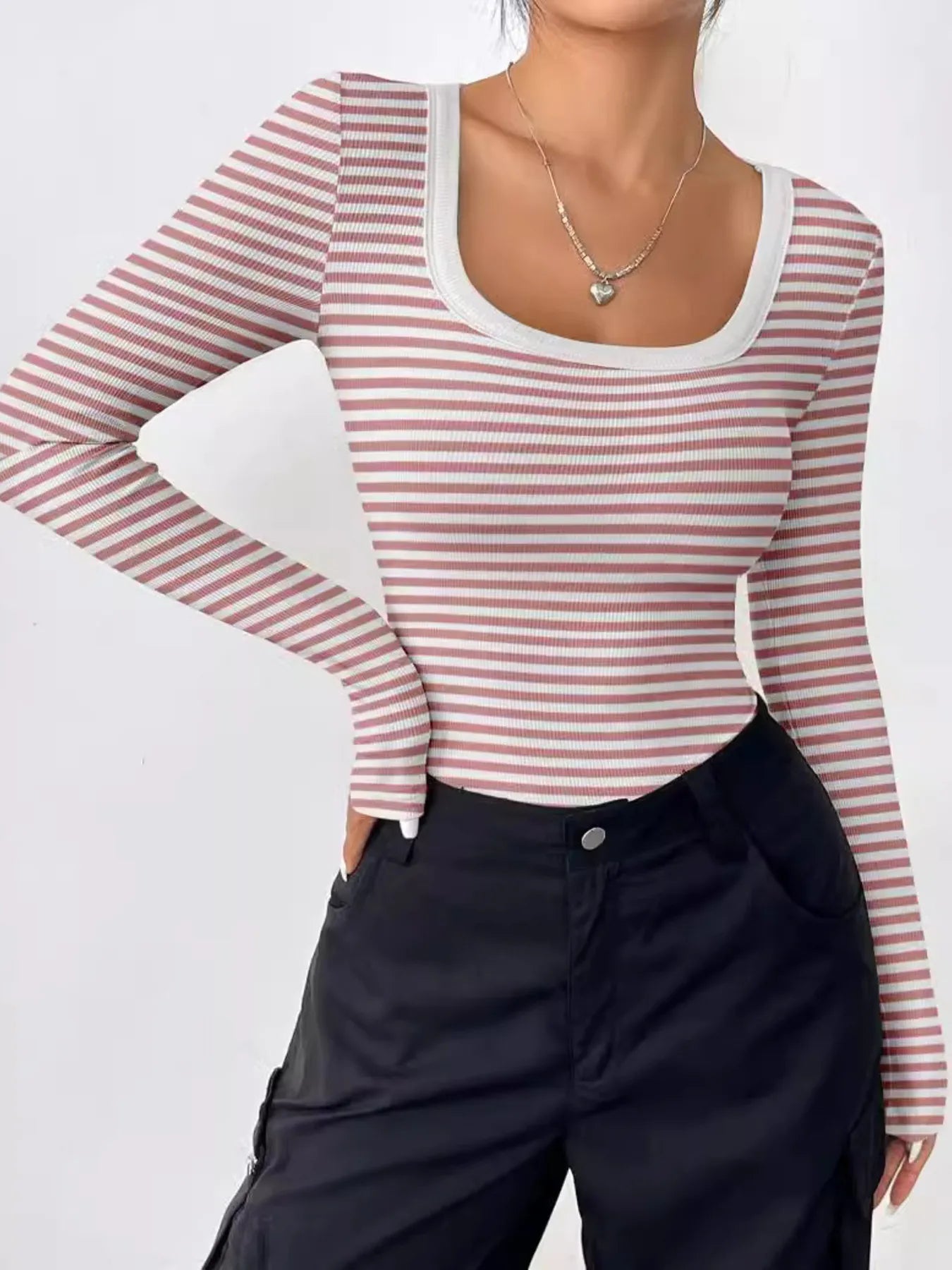 Striped Long Sleeve Scoop Neck T Shirt