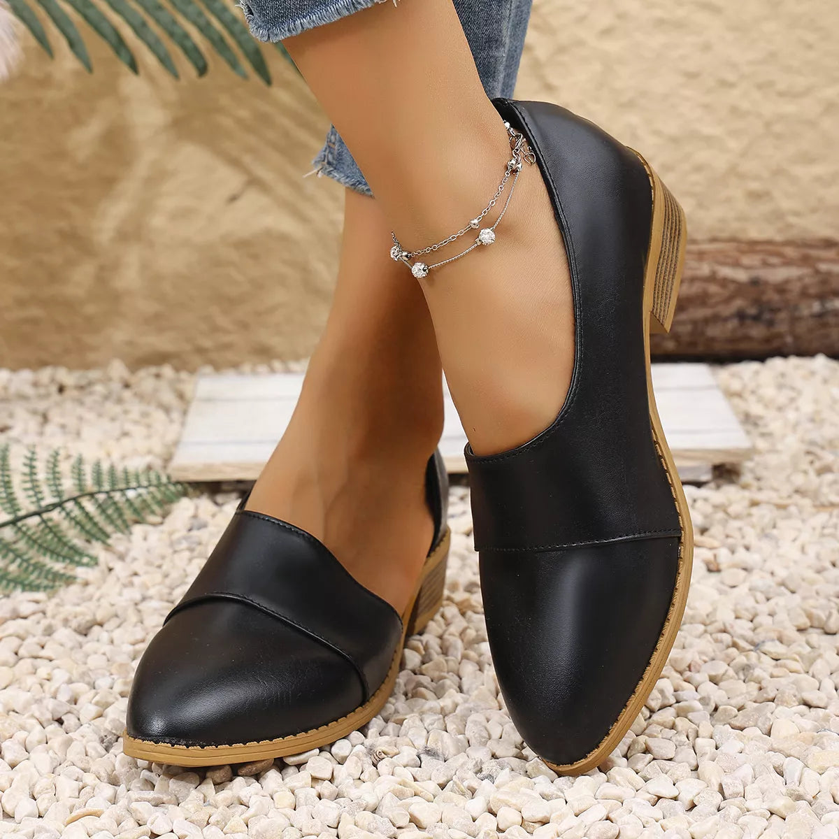 Point Toe Block Heels Loafers PU Leather Low Heel Shoes