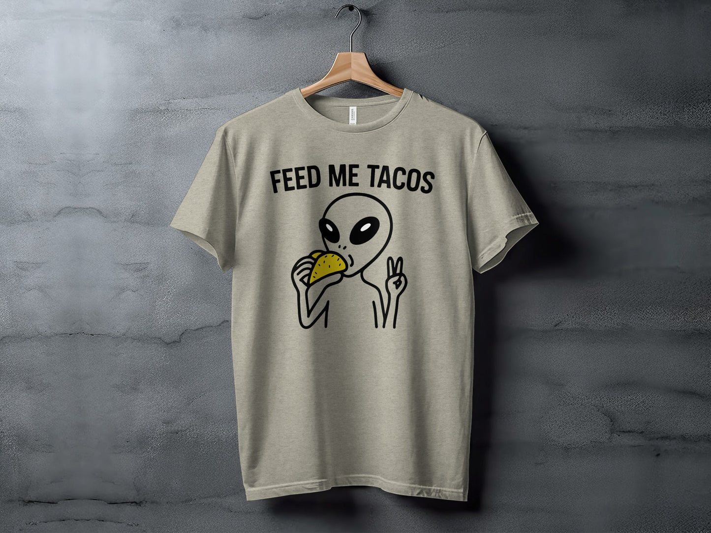 Feed Me Tacos Alien with Peace Sign Funny T-Shirt