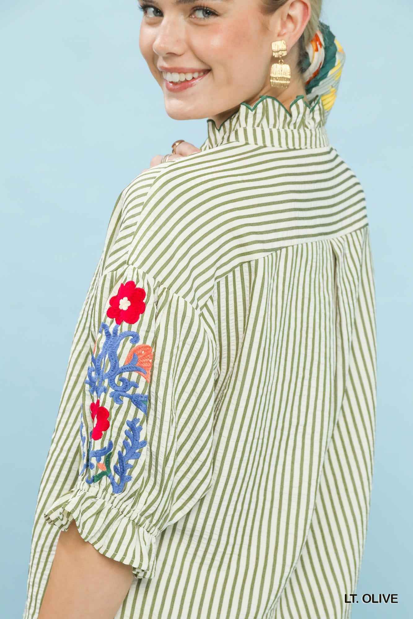 Umgee Embroidered Ruffle Trim Stripe Blouse