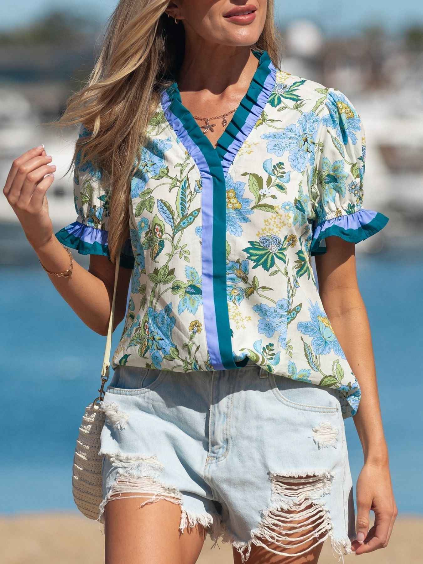 Floral Print Contrasted Frilled Striped Trim Short Sleeve Blouse