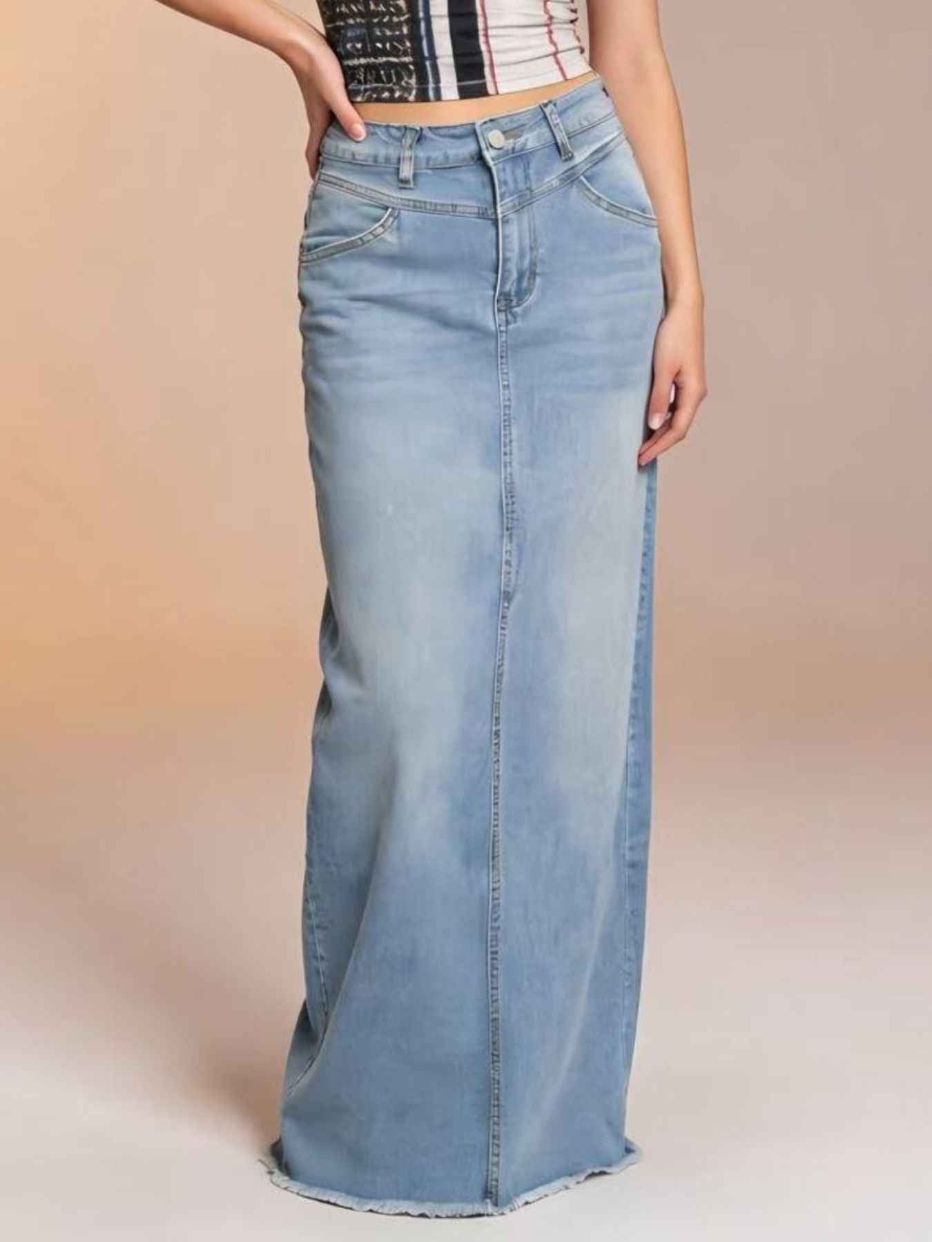 Raw Hem Maxi Denim Skirt