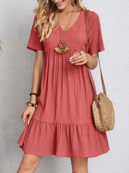 Boho Textured V-Neck Short Sleeve Babydoll Dress