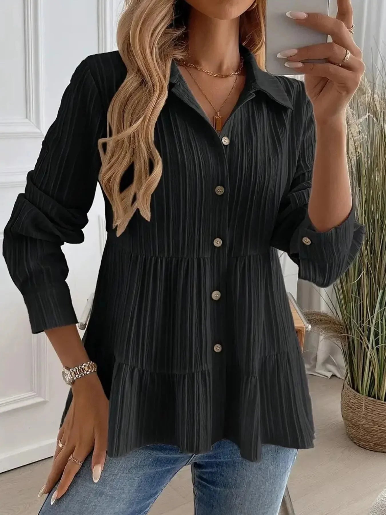 Striped Tiered  Button Down Shirt